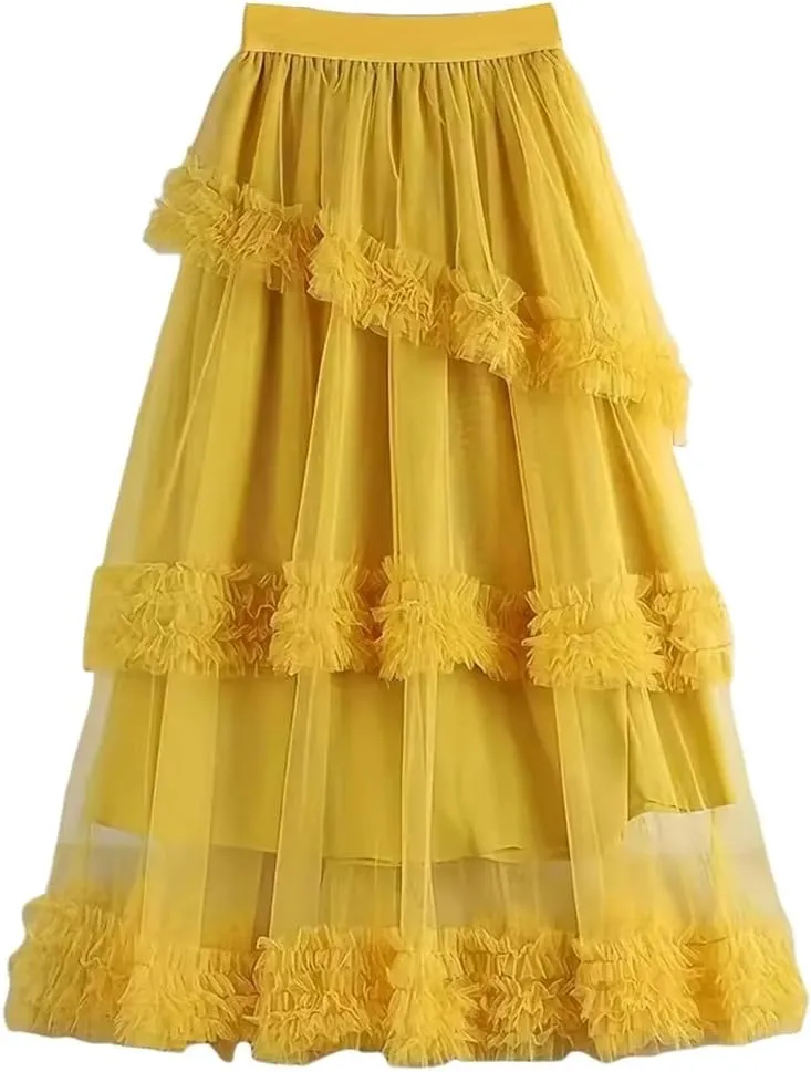 Elegant Layered Tulle Skirt Women Ruffles A-Line Mesh Skirts Gown High Waist Pleated Gauze Skirt