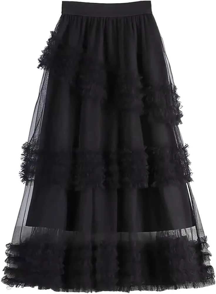 Elegant Layered Tulle Skirt Women Ruffles A-Line Mesh Skirts Gown High Waist Pleated Gauze Skirt
