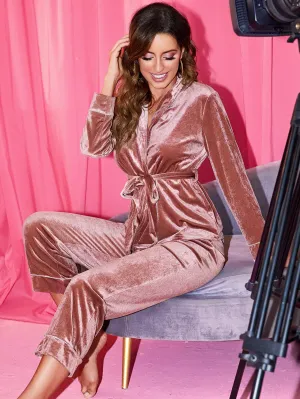 Elegant Plain Belted Long Sleeve V Neck Women Pajama Sets
