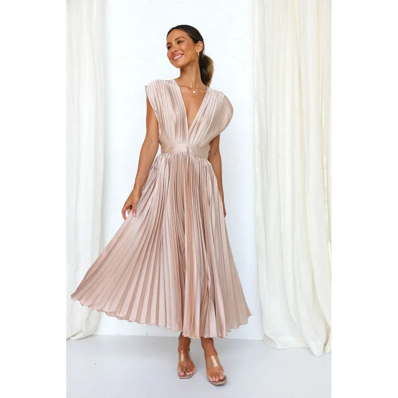 Elegant Satin Pleated Tie-Back Plunge Midi Dress