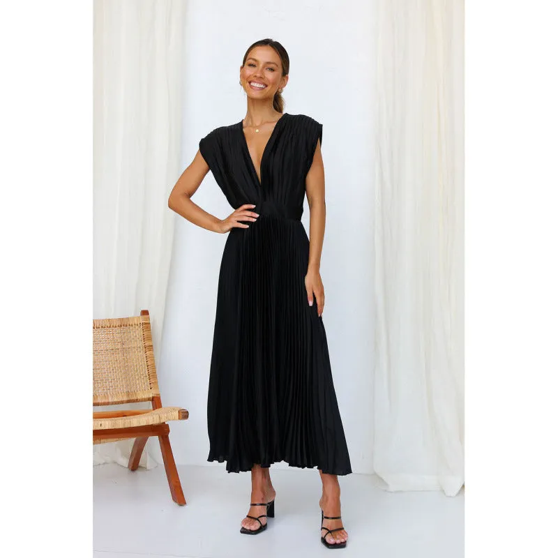 Elegant Satin Pleated Tie-Back Plunge Midi Dress