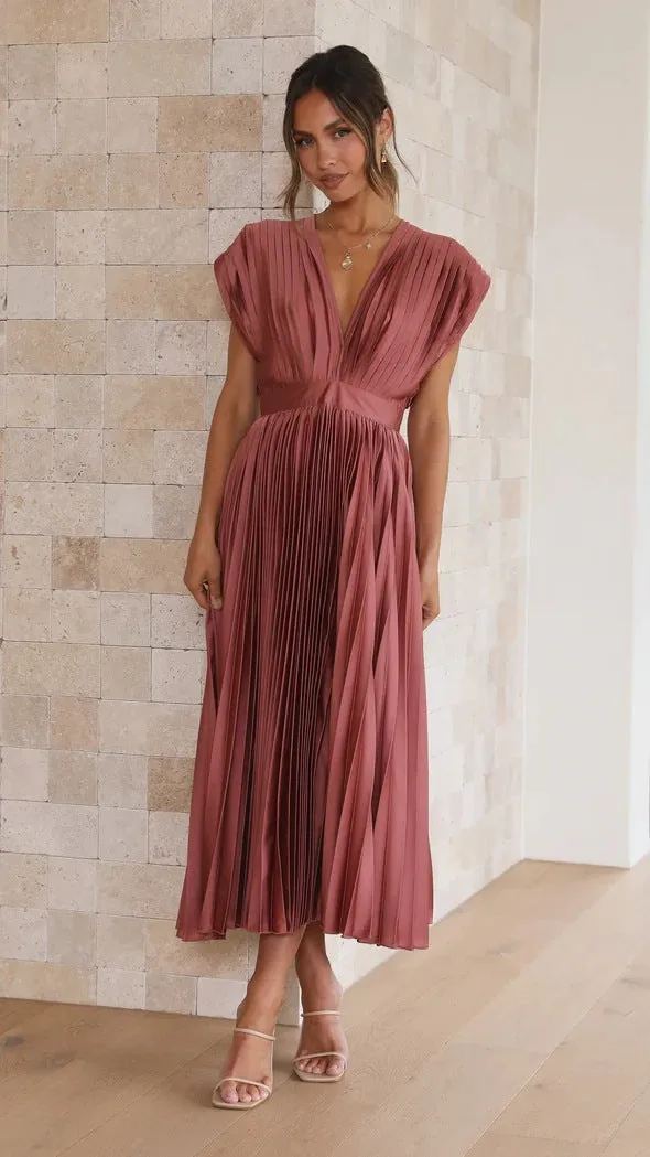 Elegant Satin Pleated Tie-Back Plunge Midi Dress