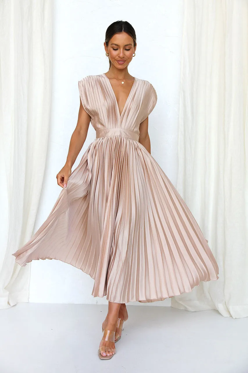 Elegant Satin Pleated Tie-Back Plunge Midi Dress