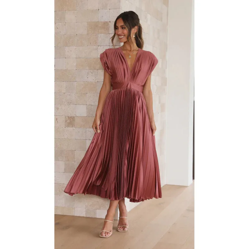 Elegant Satin Pleated Tie-Back Plunge Midi Dress