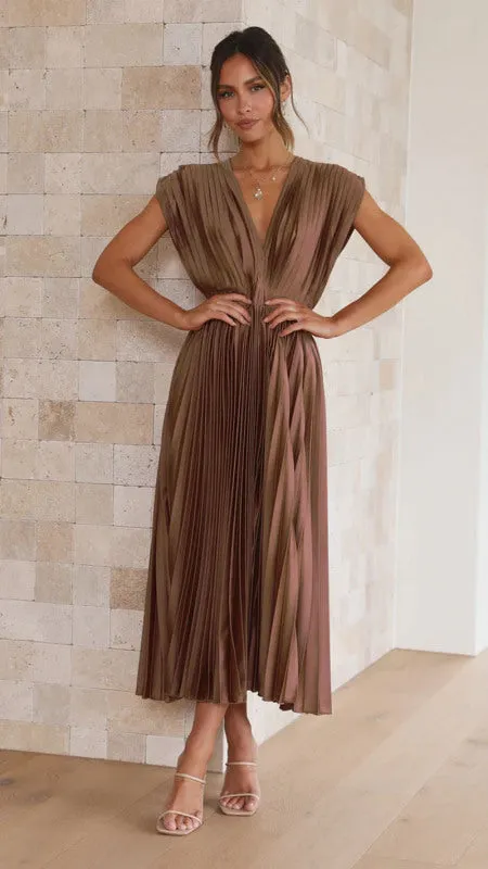 Elegant Satin Pleated Tie-Back Plunge Midi Dress