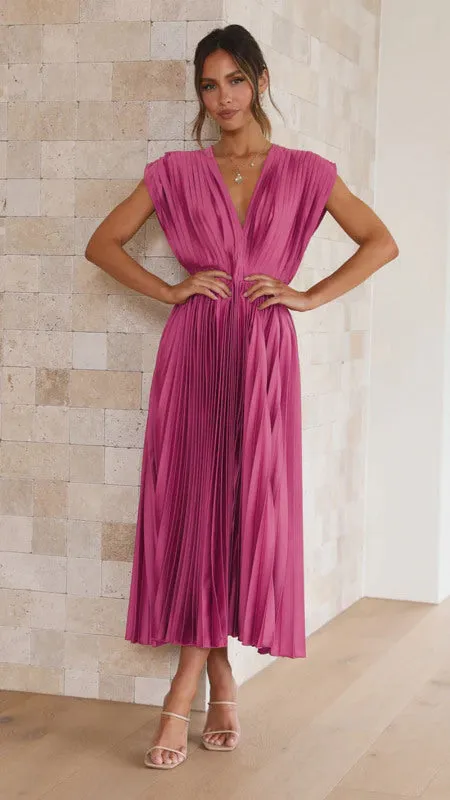 Elegant Satin Pleated Tie-Back Plunge Midi Dress