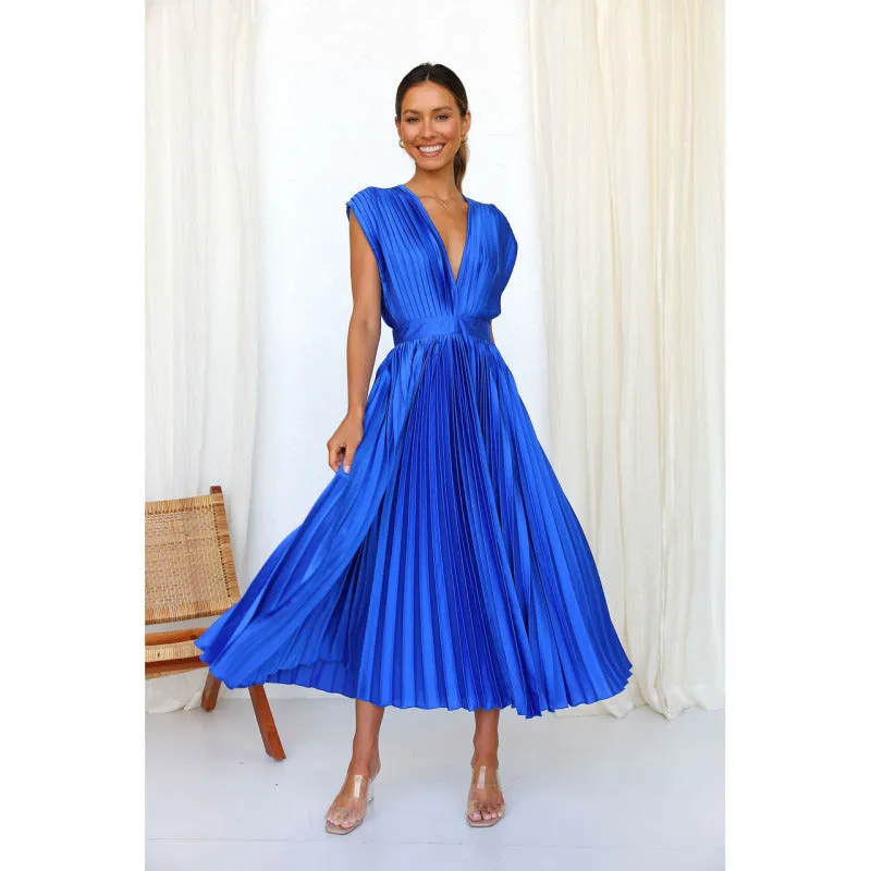 Elegant Satin Pleated Tie-Back Plunge Midi Dress