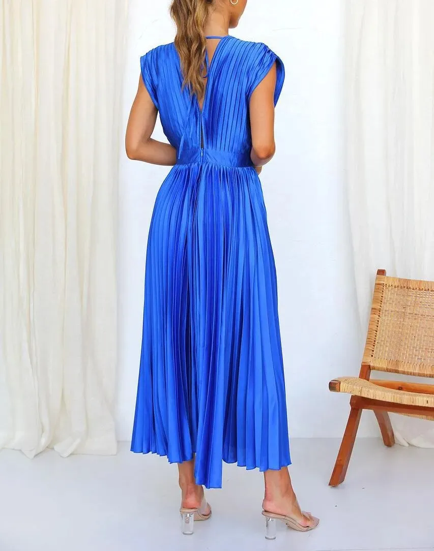 Elegant Satin Pleated Tie-Back Plunge Midi Dress