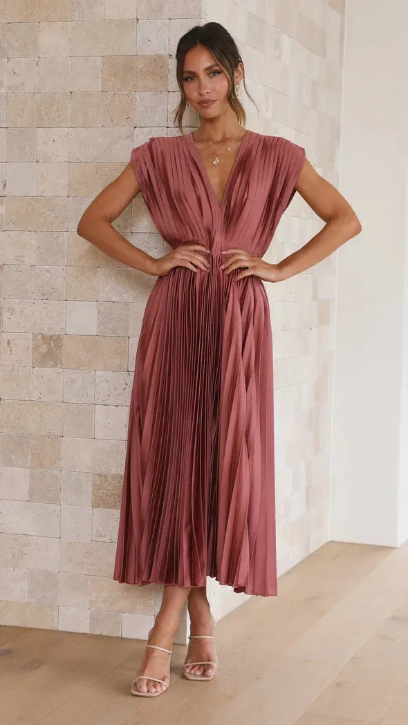 Elegant Satin Pleated Tie-Back Plunge Midi Dress