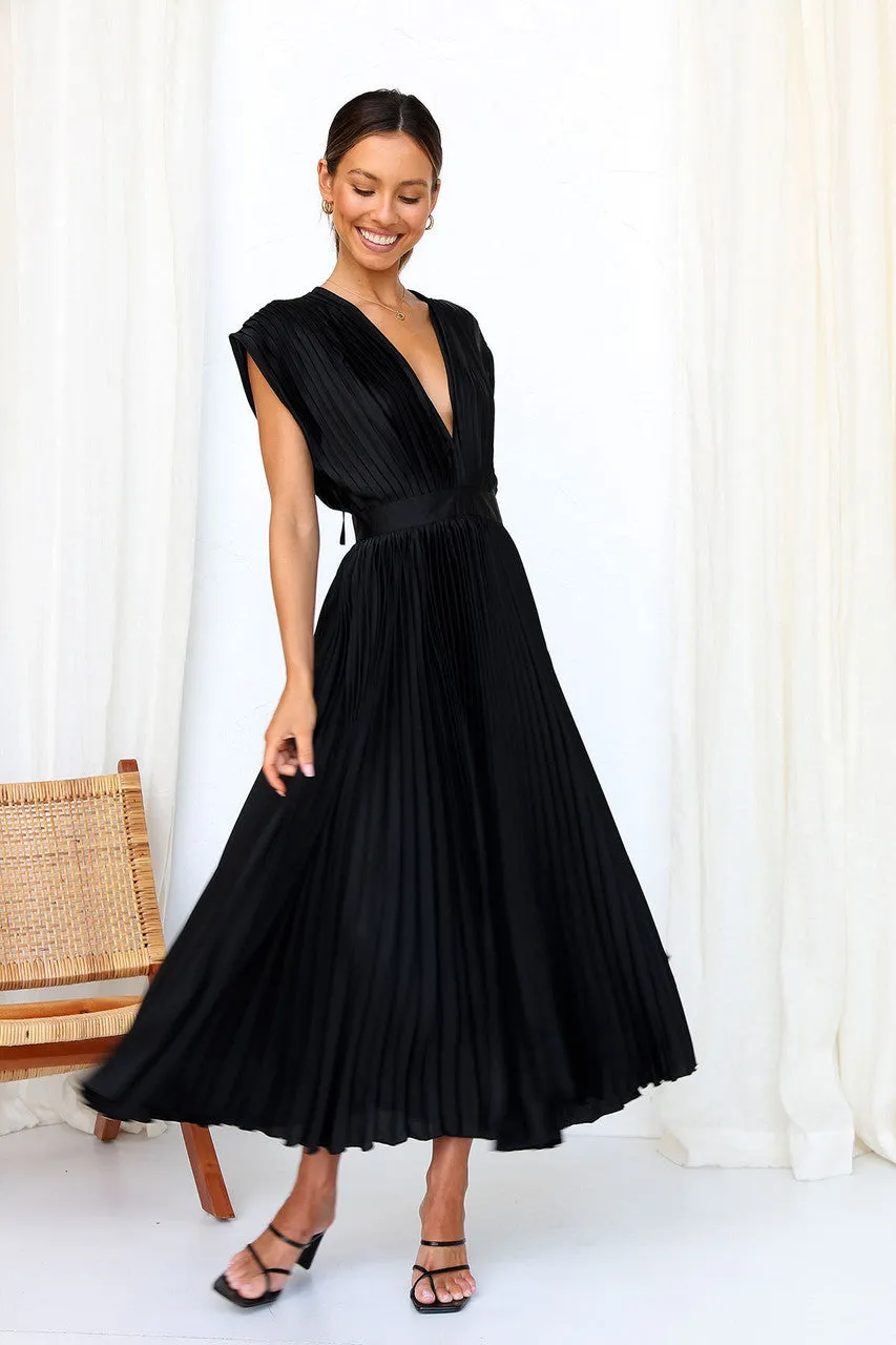 Elegant Satin Pleated Tie-Back Plunge Midi Dress