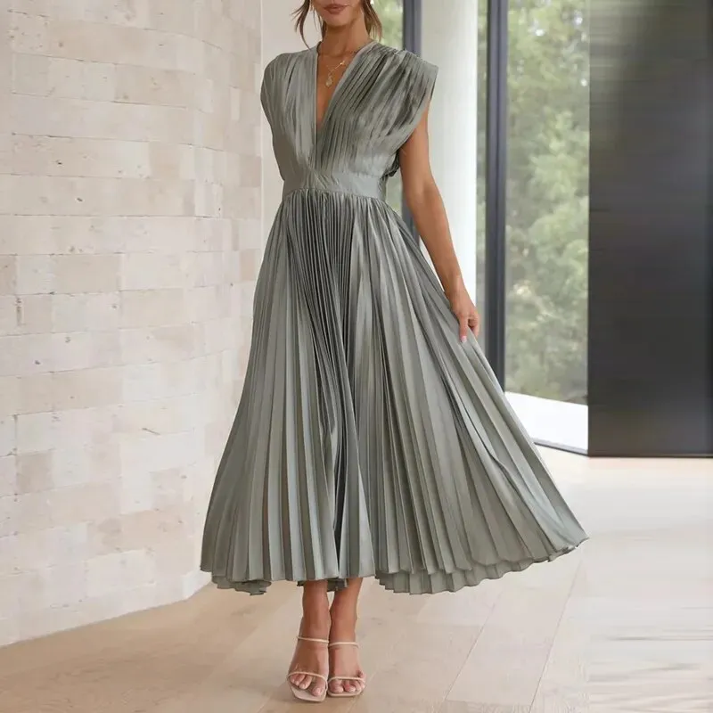 Elegant Satin Pleated Tie-Back Plunge Midi Dress