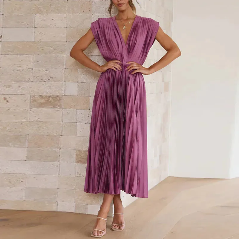 Elegant Satin Pleated Tie-Back Plunge Midi Dress