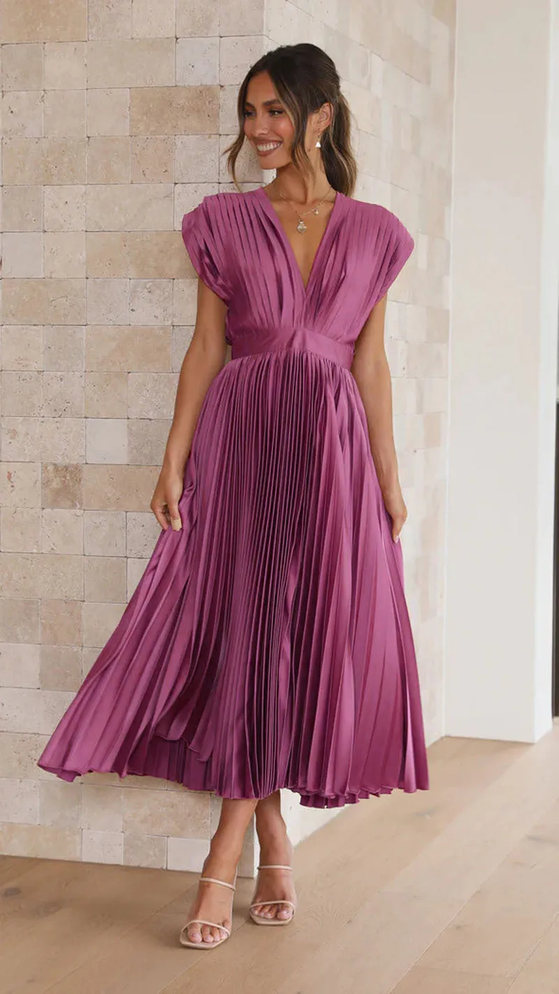 Elegant Satin Pleated Tie-Back Plunge Midi Dress