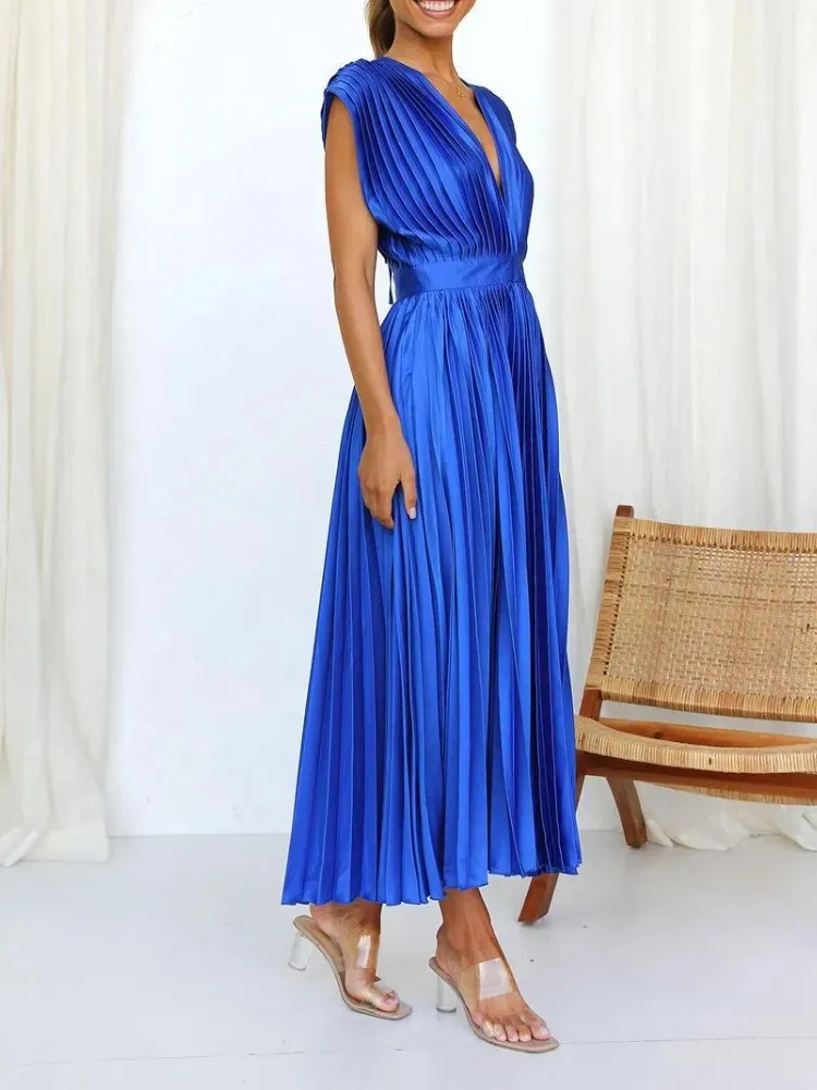 Elegant Satin Pleated Tie-Back Plunge Midi Dress