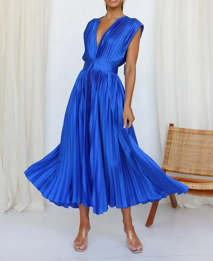 Elegant Satin Pleated Tie-Back Plunge Midi Dress