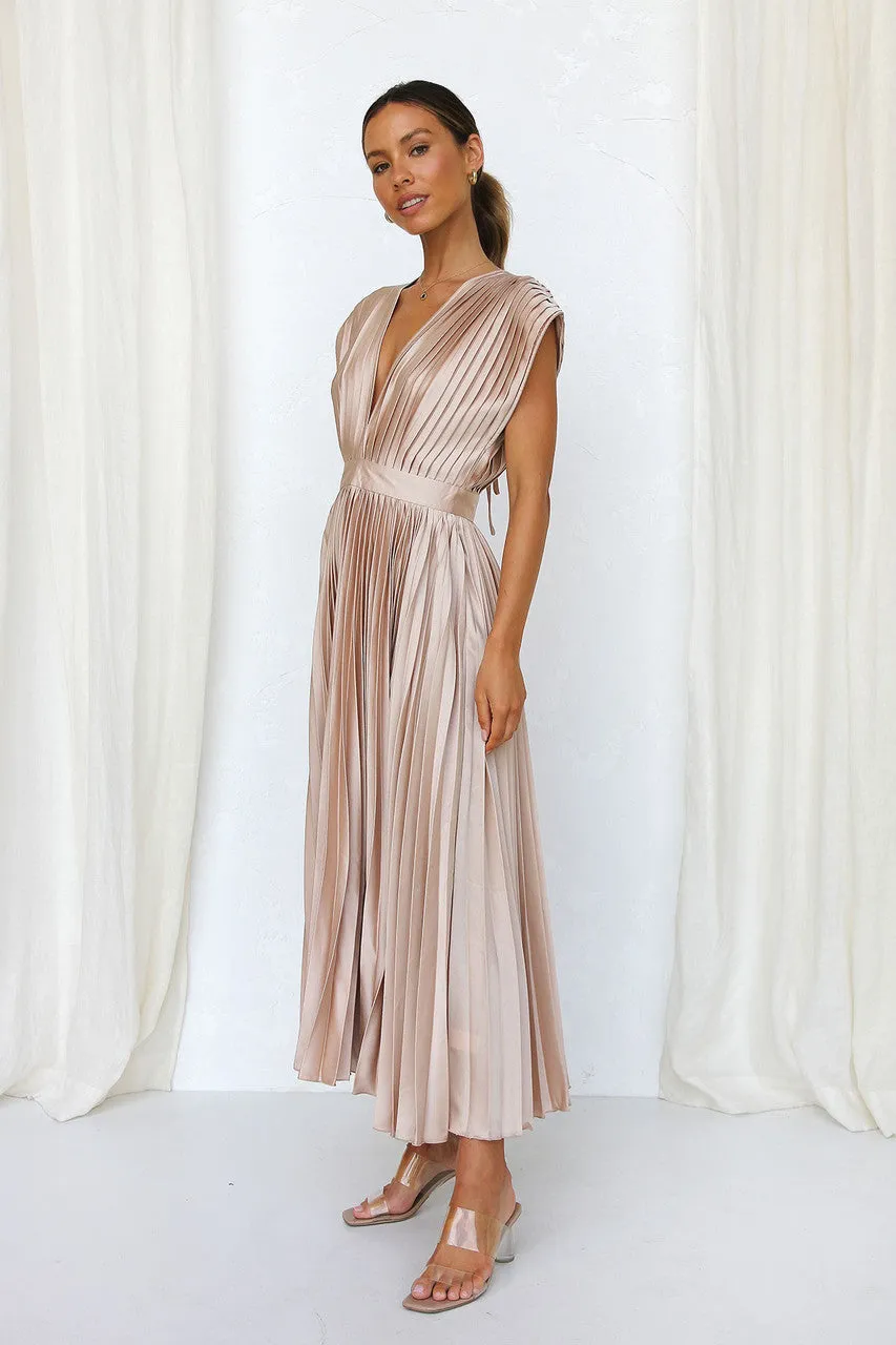 Elegant Satin Pleated Tie-Back Plunge Midi Dress