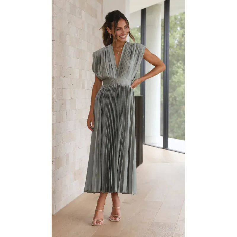 Elegant Satin Pleated Tie-Back Plunge Midi Dress