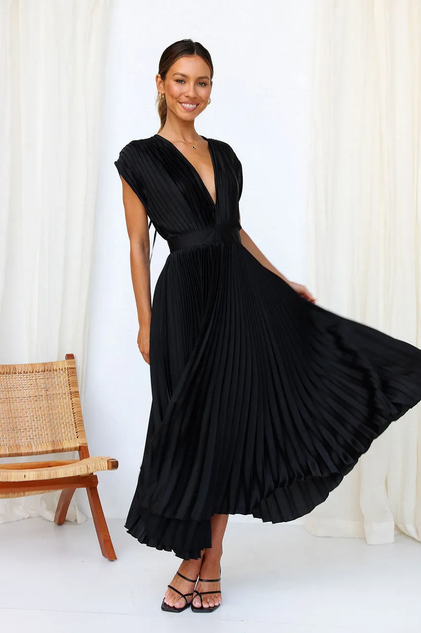 Elegant Satin Pleated Tie-Back Plunge Midi Dress