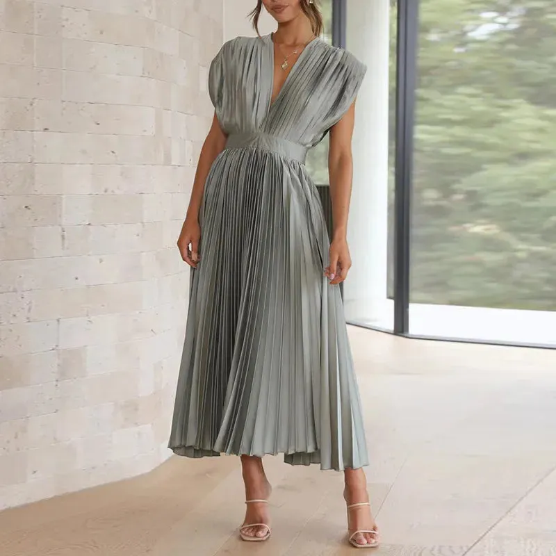 Elegant Satin Pleated Tie-Back Plunge Midi Dress
