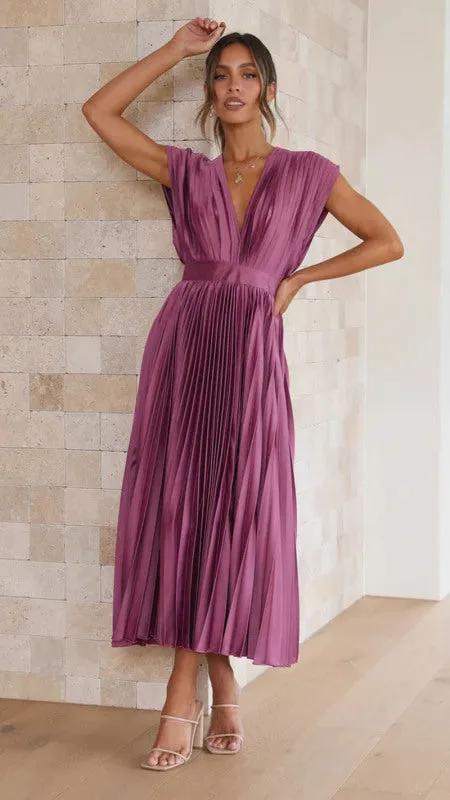 Elegant Satin Pleated Tie-Back Plunge Midi Dress