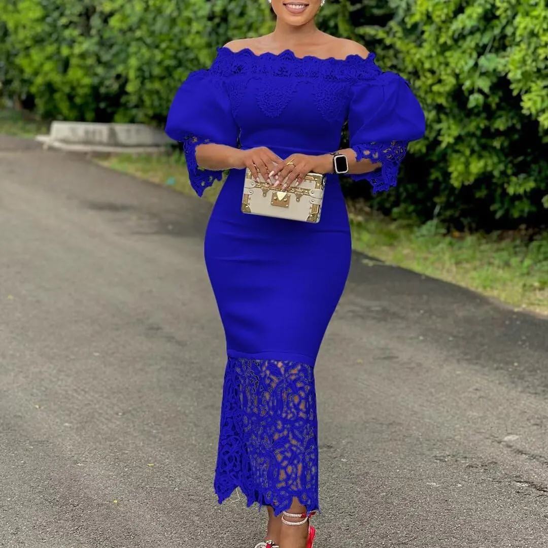 Elegant Sexy Floral Lace Off Shoulder Evening Gown Party Bodycon Midi Dress