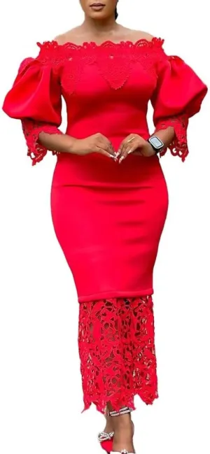 Elegant Sexy Floral Lace Off Shoulder Evening Gown Party Bodycon Midi Dress