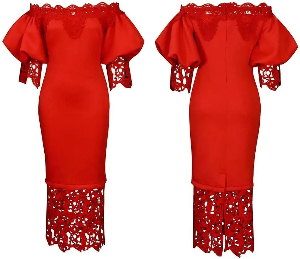 Elegant Sexy Floral Lace Off Shoulder Evening Gown Party Bodycon Midi Dress