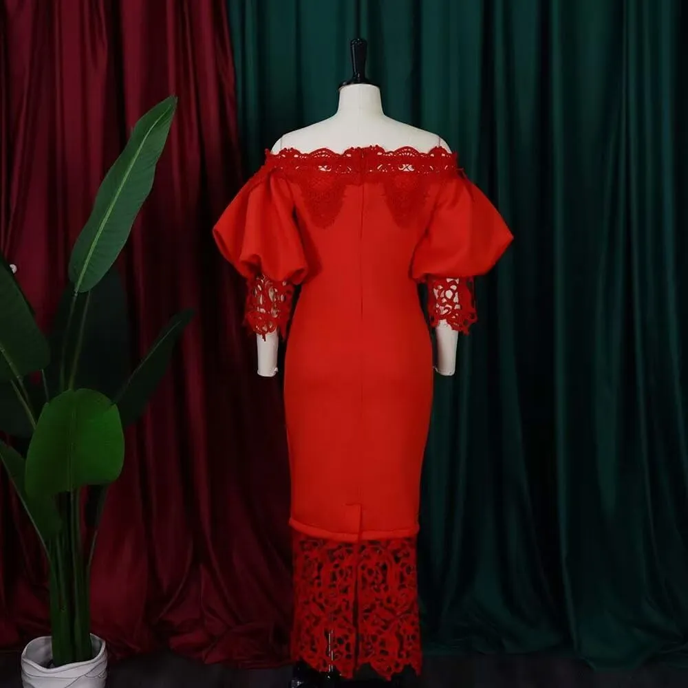 Elegant Sexy Floral Lace Off Shoulder Evening Gown Party Bodycon Midi Dress