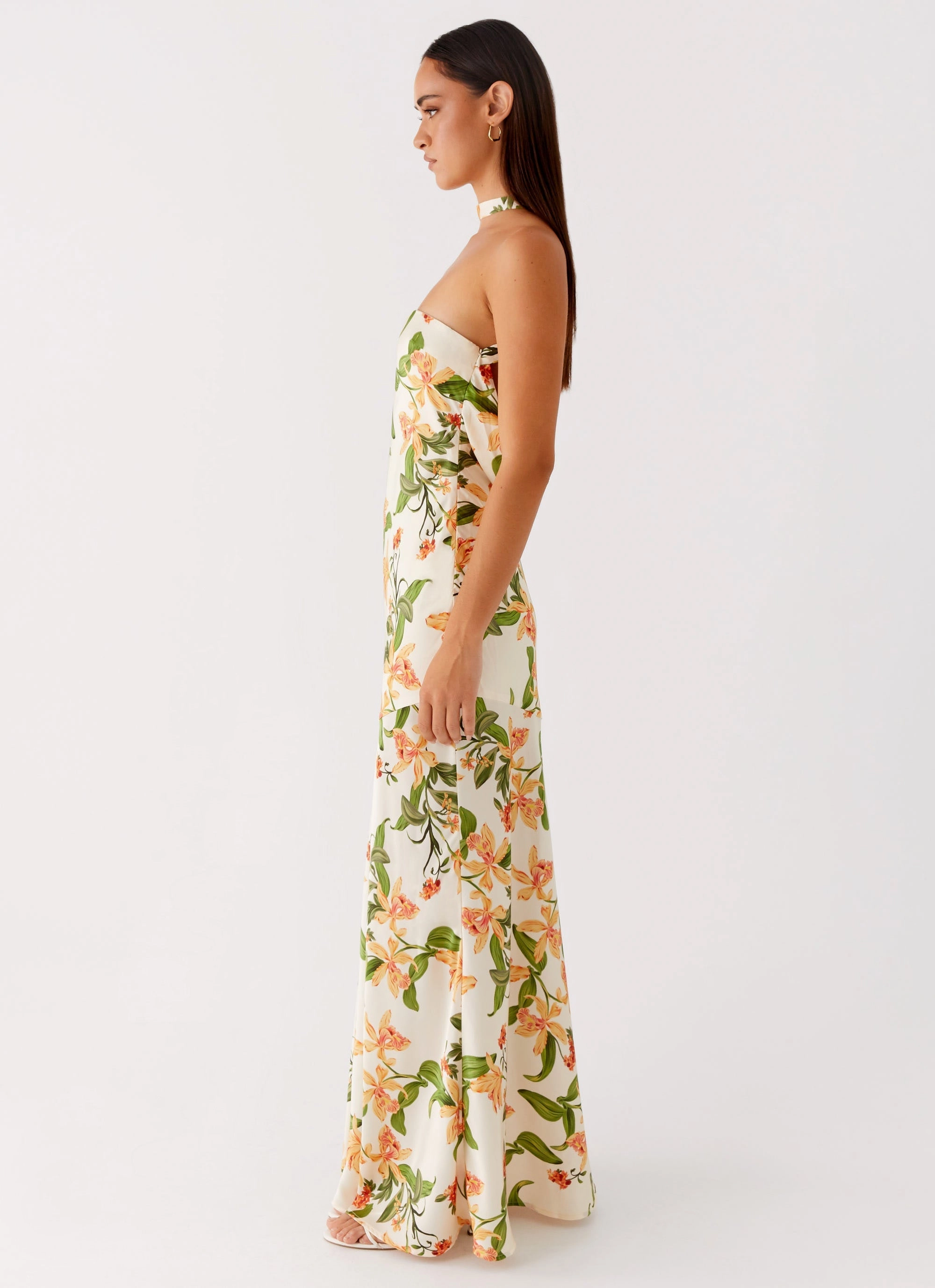 Damali Satin Maxi Dress - Floral Print Sleek Motion FlatlockSeam