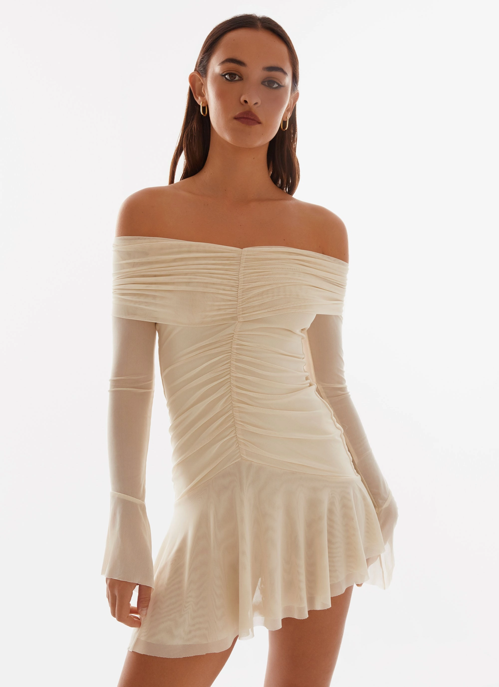 Ellis Ruched Mini Dress - Pastel Yellow Basic Shape Glossy-Finish