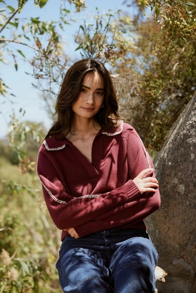 Elly Sweater | Zinfandel / Ivory Low Profile Fastening ButtonlessClosure Elly Sweater | Zinfandel / Ivory