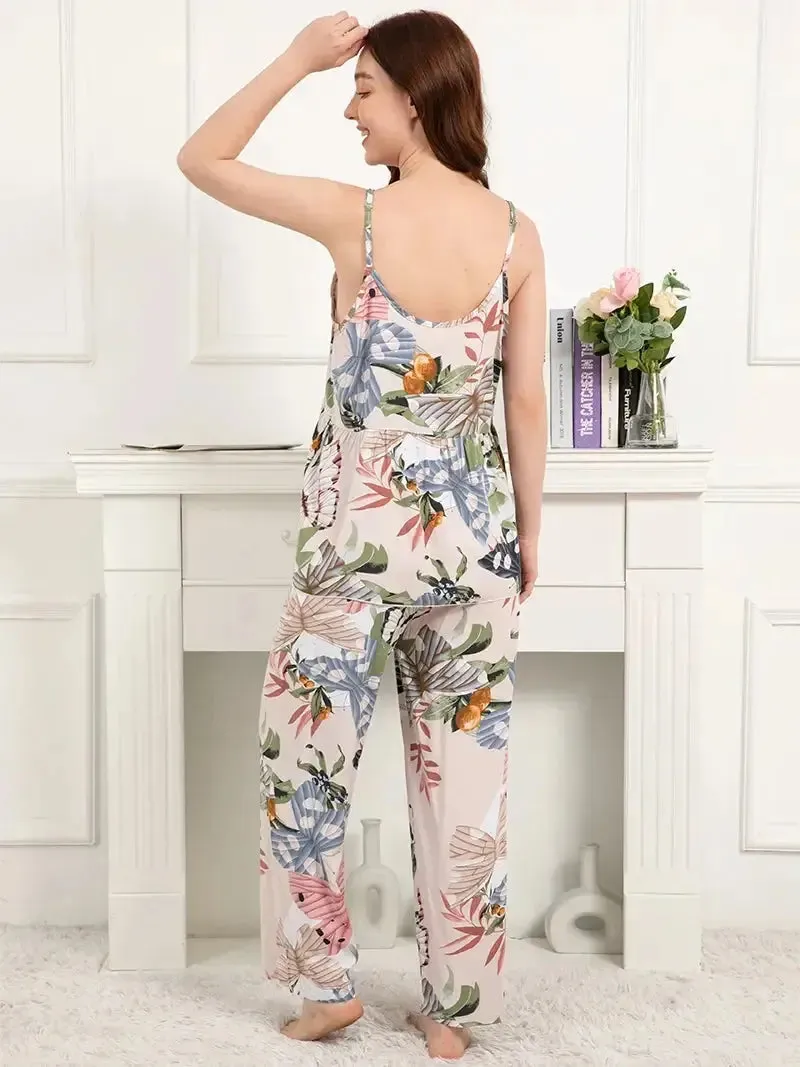 Elodie Women's 3 pcs Sleepwear Leaf Print Cami and Pants Pajama Set with Robe S-3XL