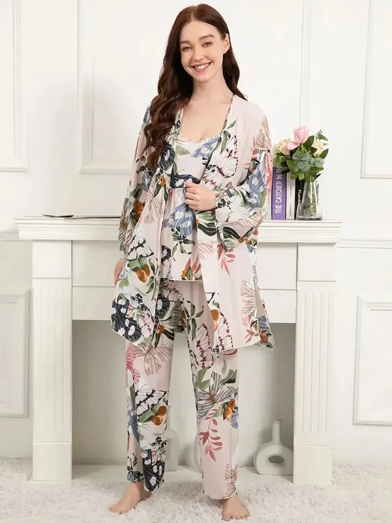 Elodie Women's 3 pcs Sleepwear Leaf Print Cami and Pants Pajama Set with Robe S-3XL