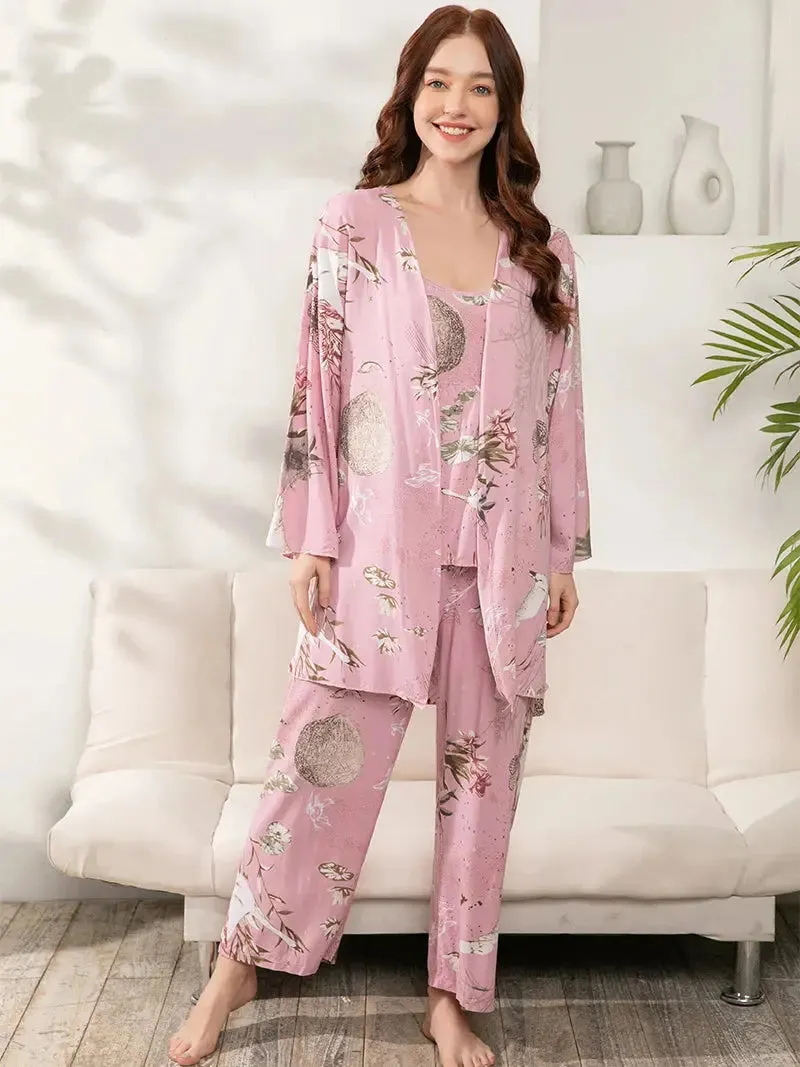 Elodie Women's 3 pcs Sleepwear Leaf Print Cami and Pants Pajama Set with Robe S-3XL