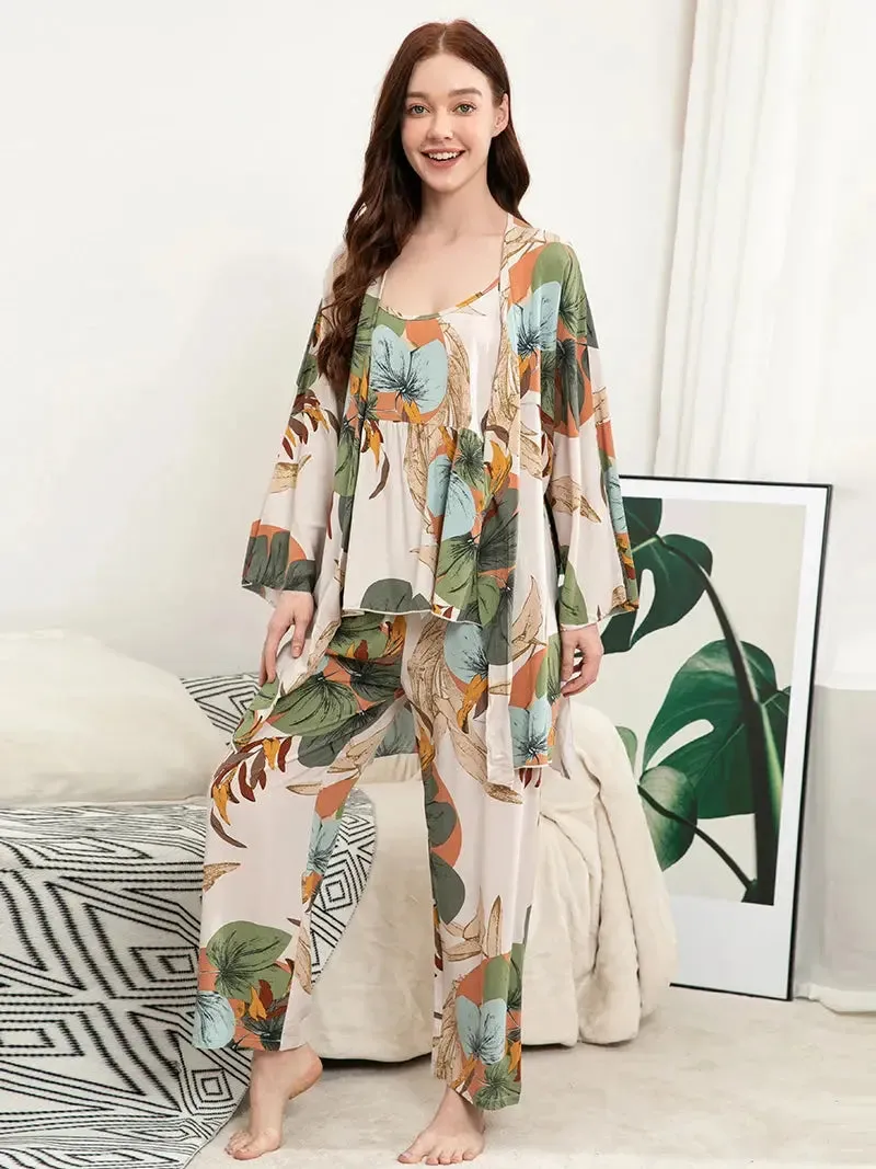 Elodie Women's 3 pcs Sleepwear Leaf Print Cami and Pants Pajama Set with Robe S-3XL
