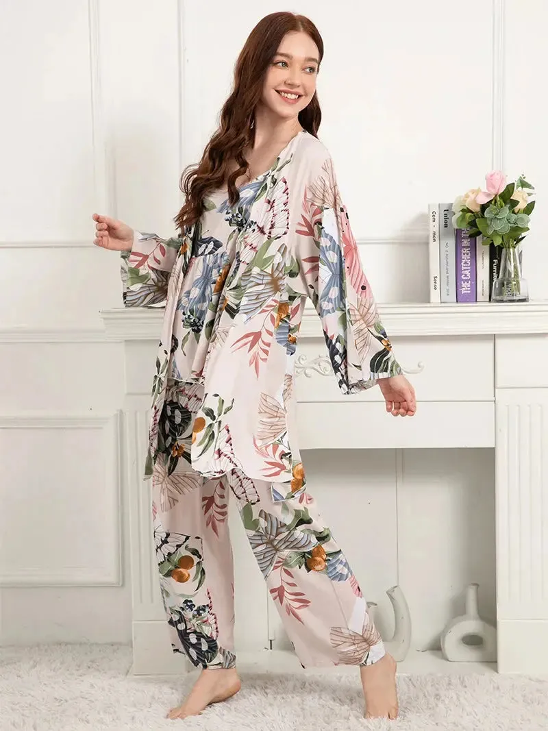 Elodie Women's 3 pcs Sleepwear Leaf Print Cami and Pants Pajama Set with Robe S-3XL
