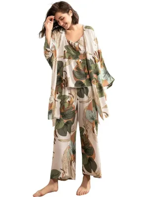 Elodie Women's 3 pcs Sleepwear Leaf Print Cami and Pants Pajama Set with Robe S-3XL