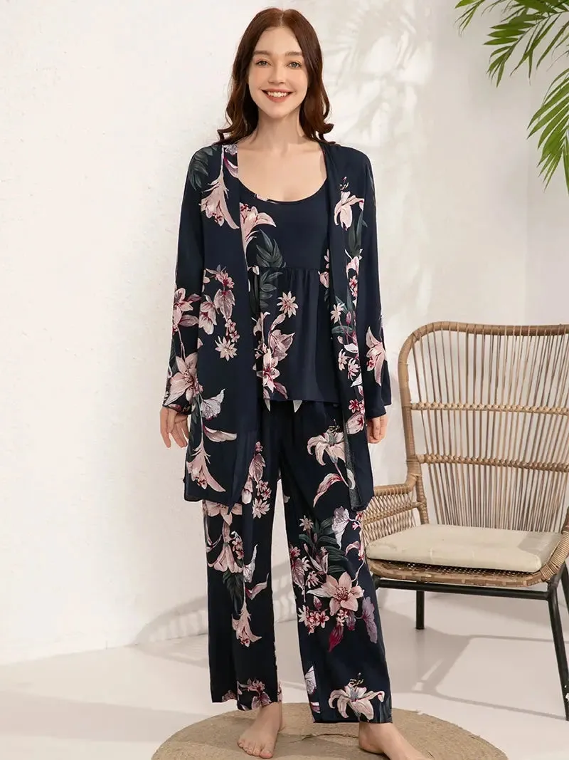 Elodie Women's 3 pcs Sleepwear Leaf Print Cami and Pants Pajama Set with Robe S-3XL