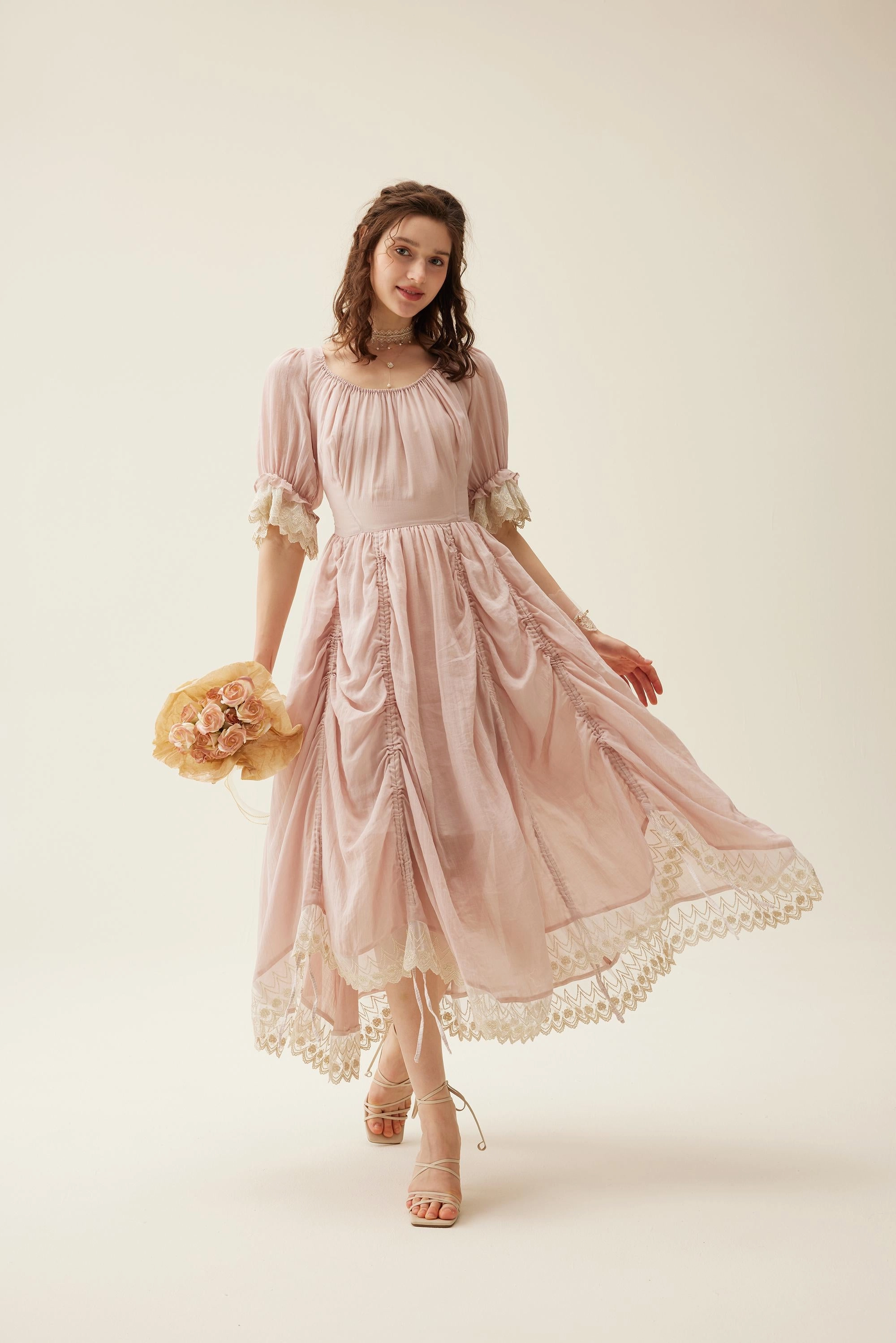 Stretchable Panels Elowen 27 | Lace Linen dress gown ( 2 way to wear )