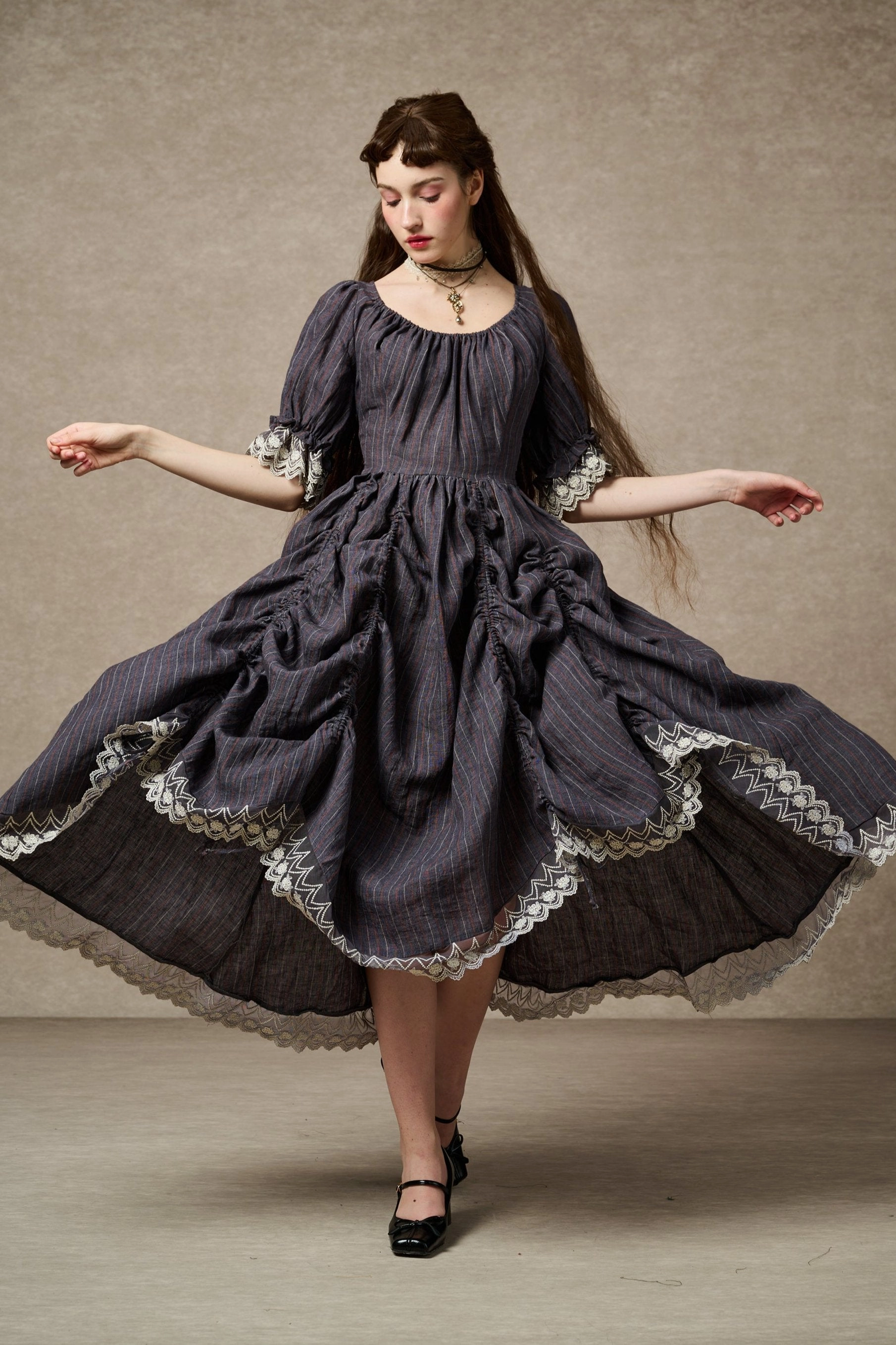 Elowen 27 | Lace Linen dress gown ( 2 way to wear ) Checkered Style GlowInTheDarkAccents