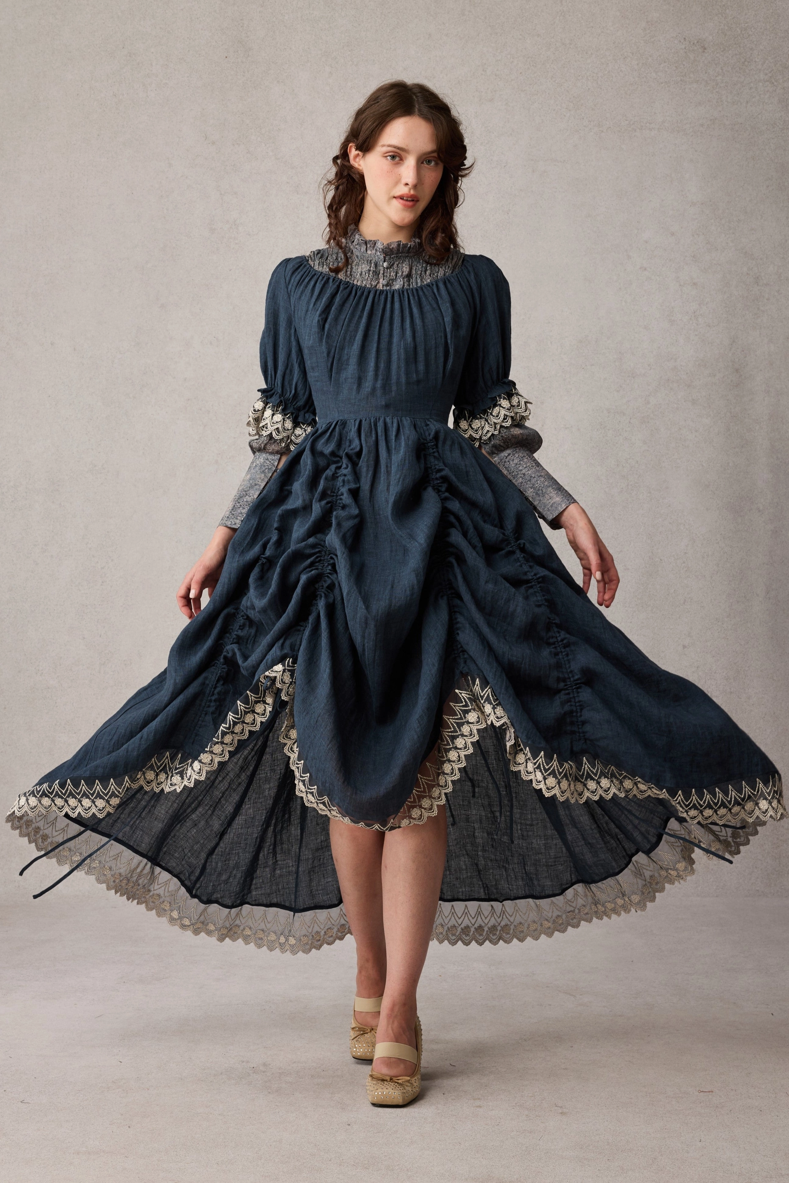 Elowen 27 | Lace Linen dress gown ( 2 way to wear ) Stand Collar UV Resistant Finish