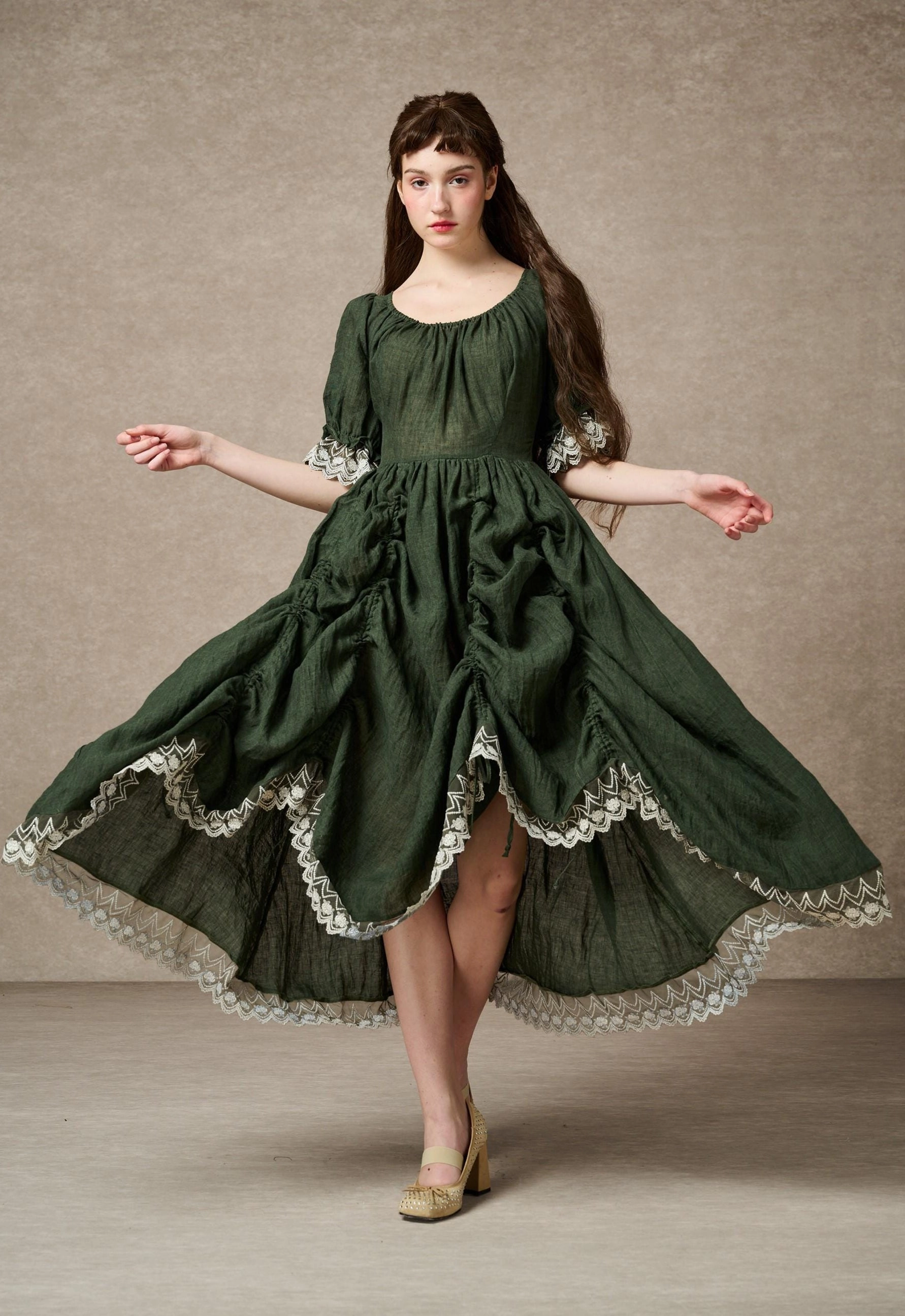 Elowen 27 | Lace Linen dress gown ( 2 way to wear ) Reinforced Stitching Anti Slip Shoulder Pads