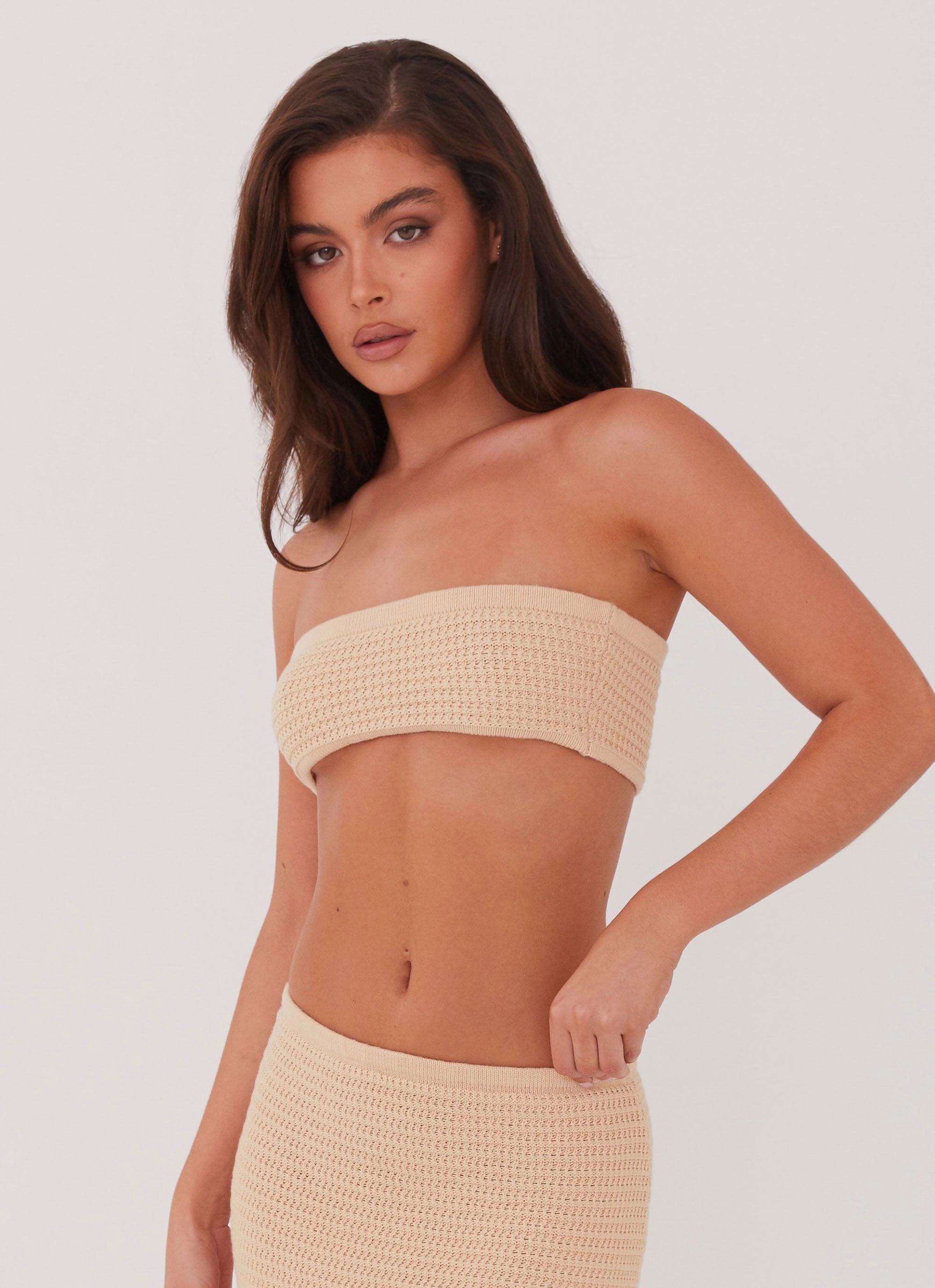 Bound Seam Edges Emaline Knit Bandeau Top - Beige