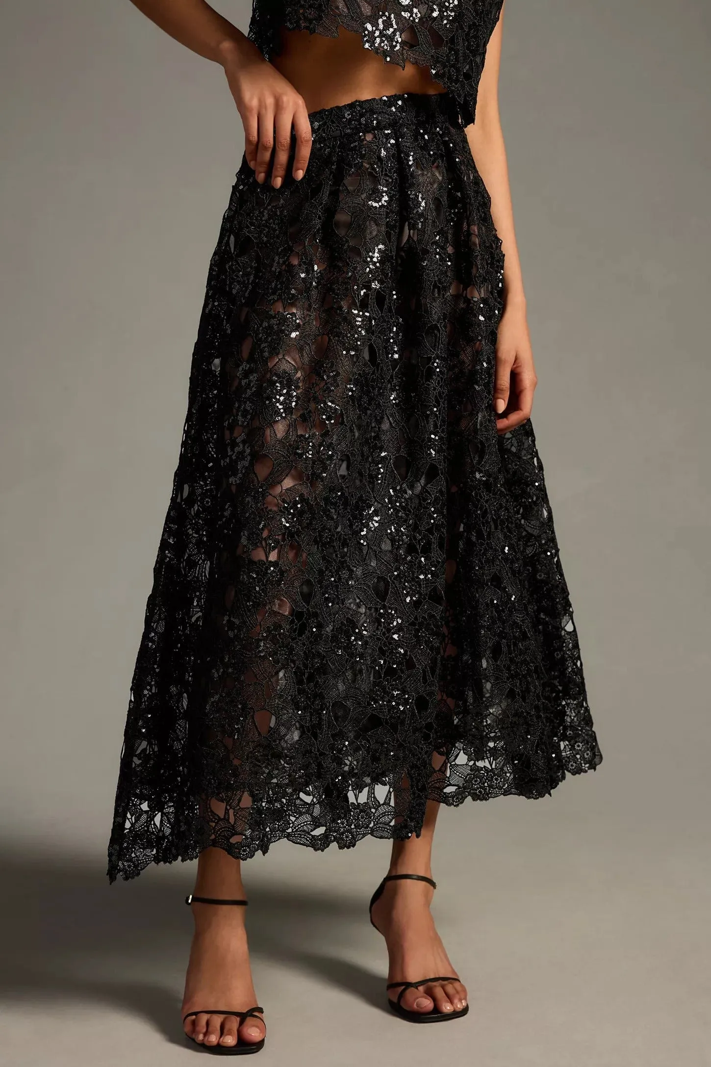 Travel Ready Embroidered Lace Shine Maxi Skirt