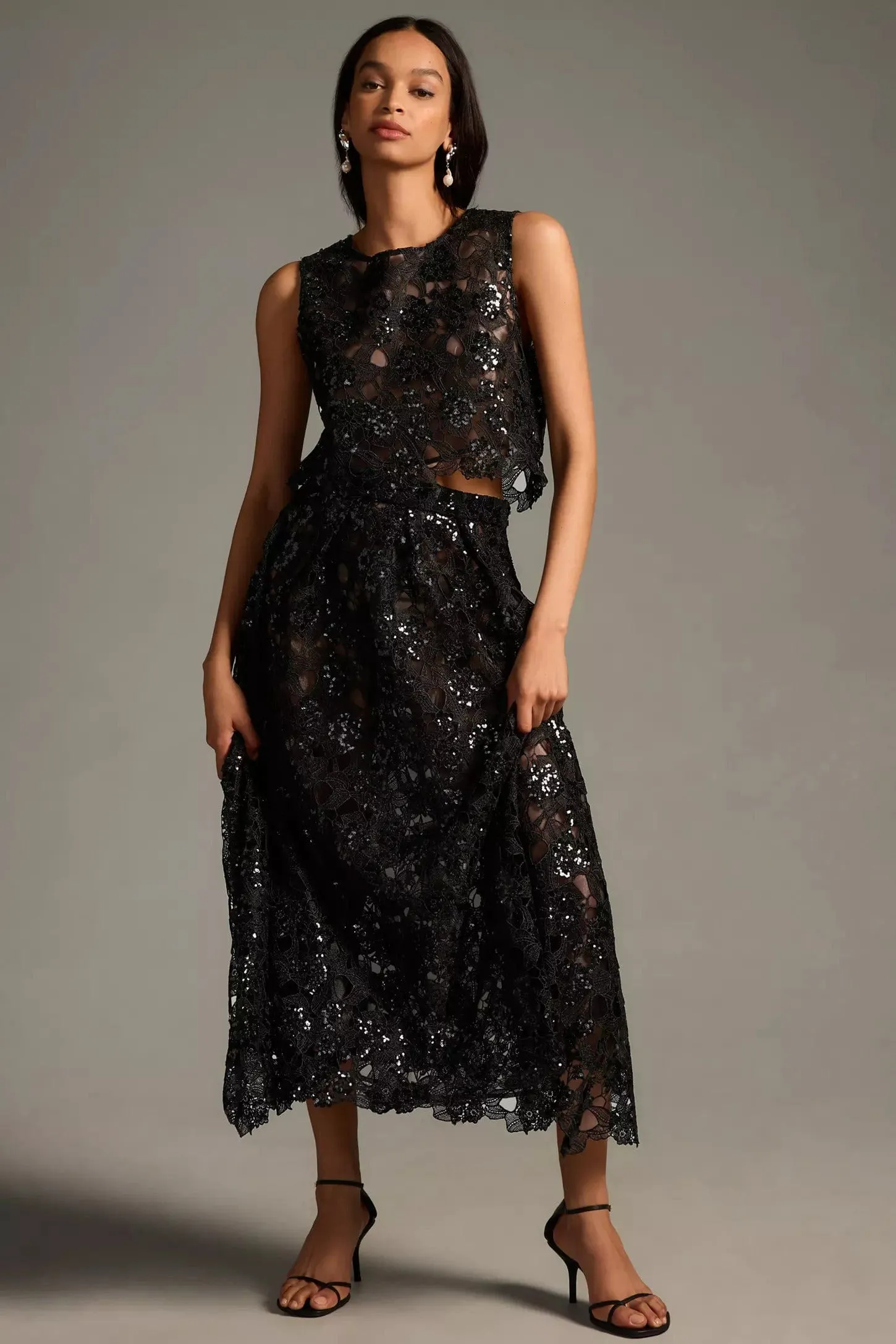 Double Layered Design Embroidered Lace Shine Maxi Skirt