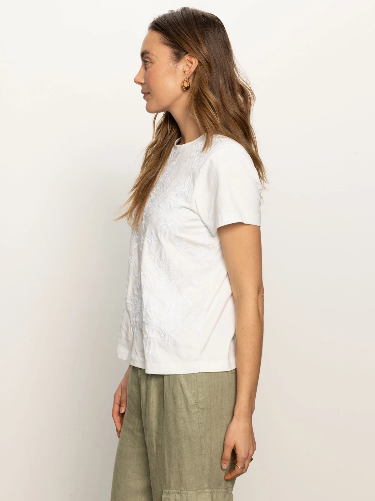 Ribbed Collar Trim Embroidered Perfect Tee White