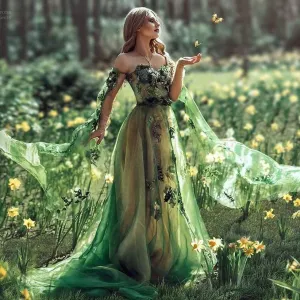 Emerald Green Dress Prom Dresses Floral Dress Women Evening Dresses