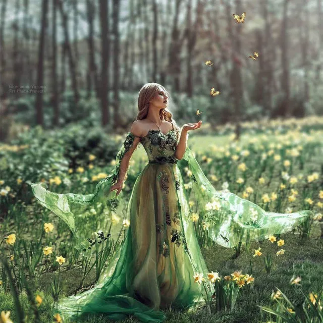 Emerald Green Dress Prom Dresses Floral Dress Women Evening Dresses