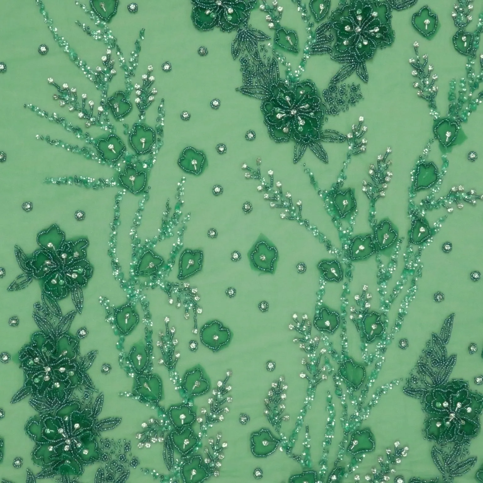 Emerald Green Floral with Bugle Beads and Rhinestones Embroidered Tulle Fabric