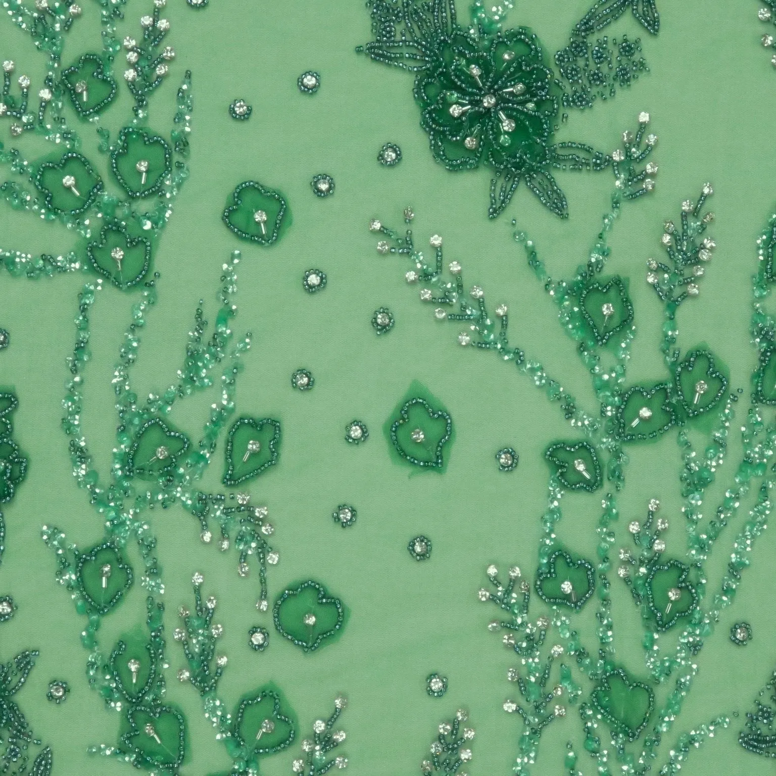 Emerald Green Floral with Bugle Beads and Rhinestones Embroidered Tulle Fabric